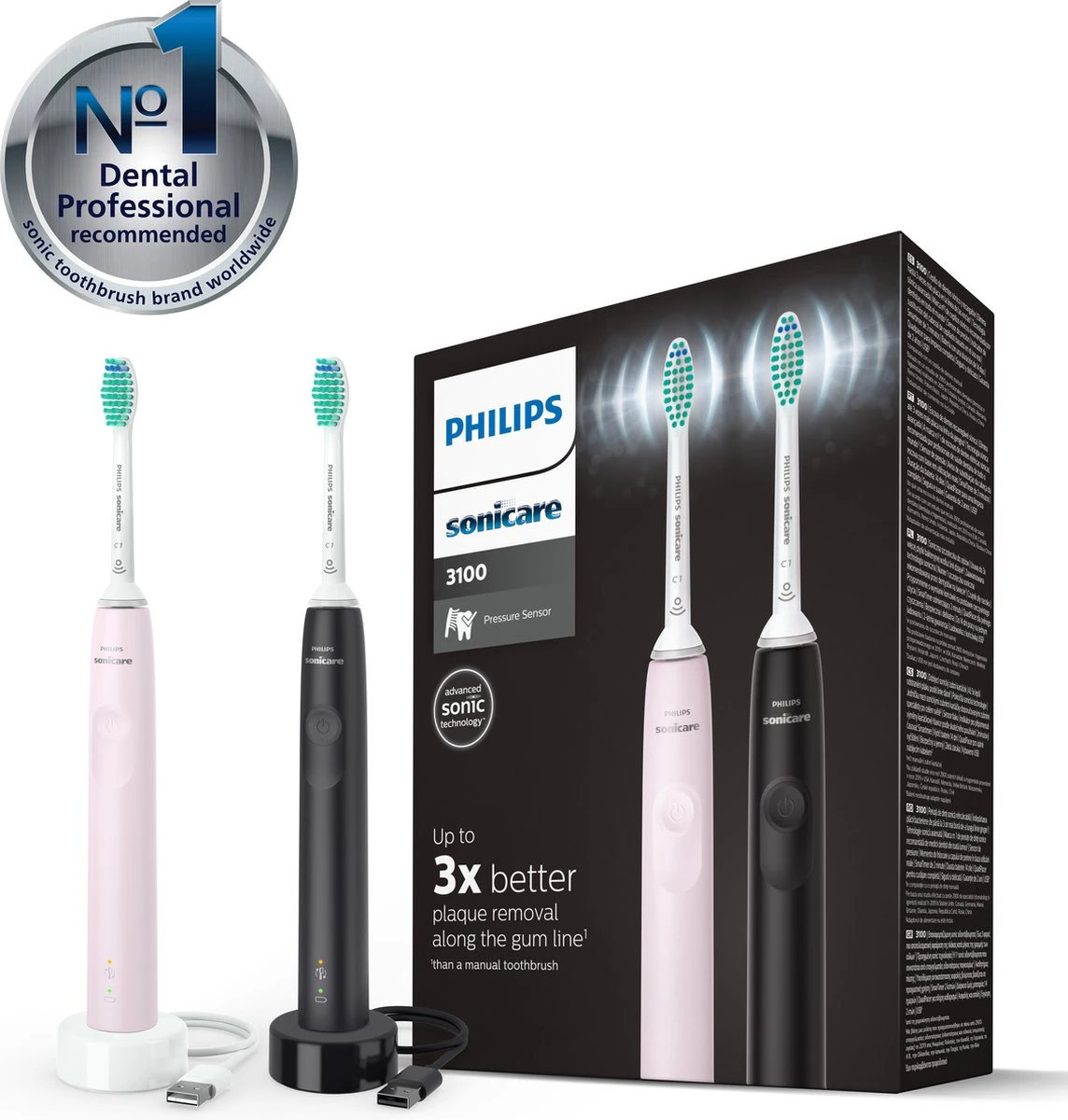 Philips Sonicare Series 3100 HX3675/15 - Elektrische Tandenborstel - Zwart & Roze - Duopack 4 Philips Sonicare Series 3100 HX3675/15 - Elektrische Tandenborstel - Zwart & Roze - Duopack - Afbeelding 2