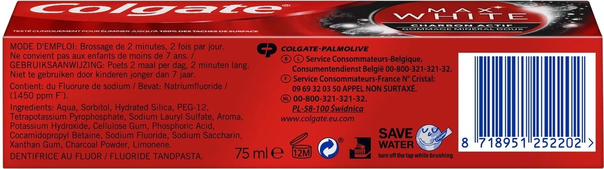 Colgate® Colgate Max White Charcoal Whitening Tandpasta - 4 X 75 Ml - Voordeelverpakking 9 Colgate® Colgate Max White Charcoal Whitening Tandpasta - 4 X 75 Ml - Voordeelverpakking - Afbeelding 7